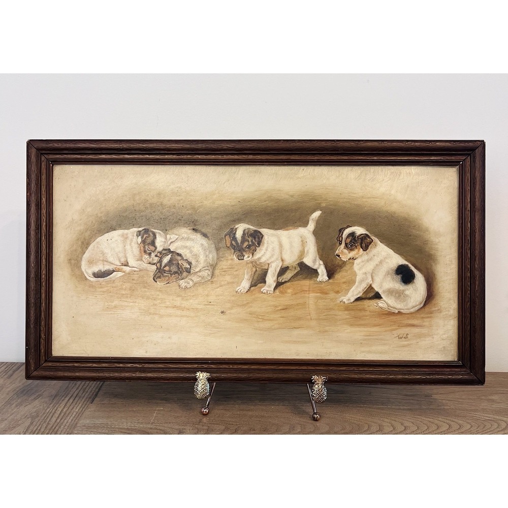 Antique Victorian Terrier Puppy Dog Oil Painting c1908 Framed Folk Art Original